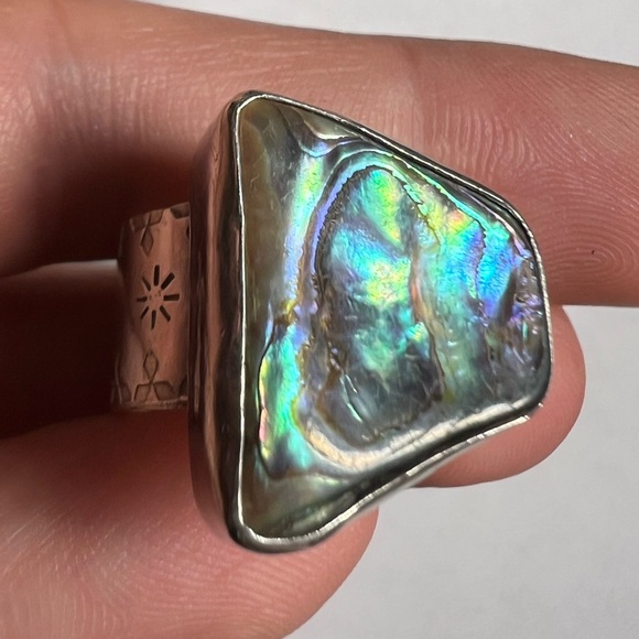 Iridescent Abalone Shell Vintage RJ Signed Ring